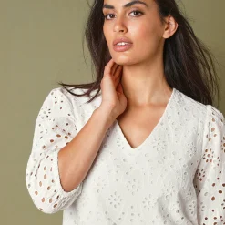 Jurk met broderie anglaise en 3/4-mouwen