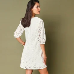 Jurk met broderie anglaise en 3/4-mouwen