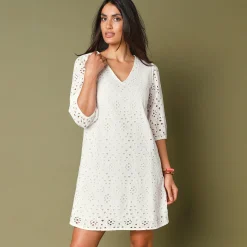 Jurk met broderie anglaise en 3/4-mouwen