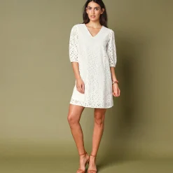 Jurk met broderie anglaise en 3/4-mouwen