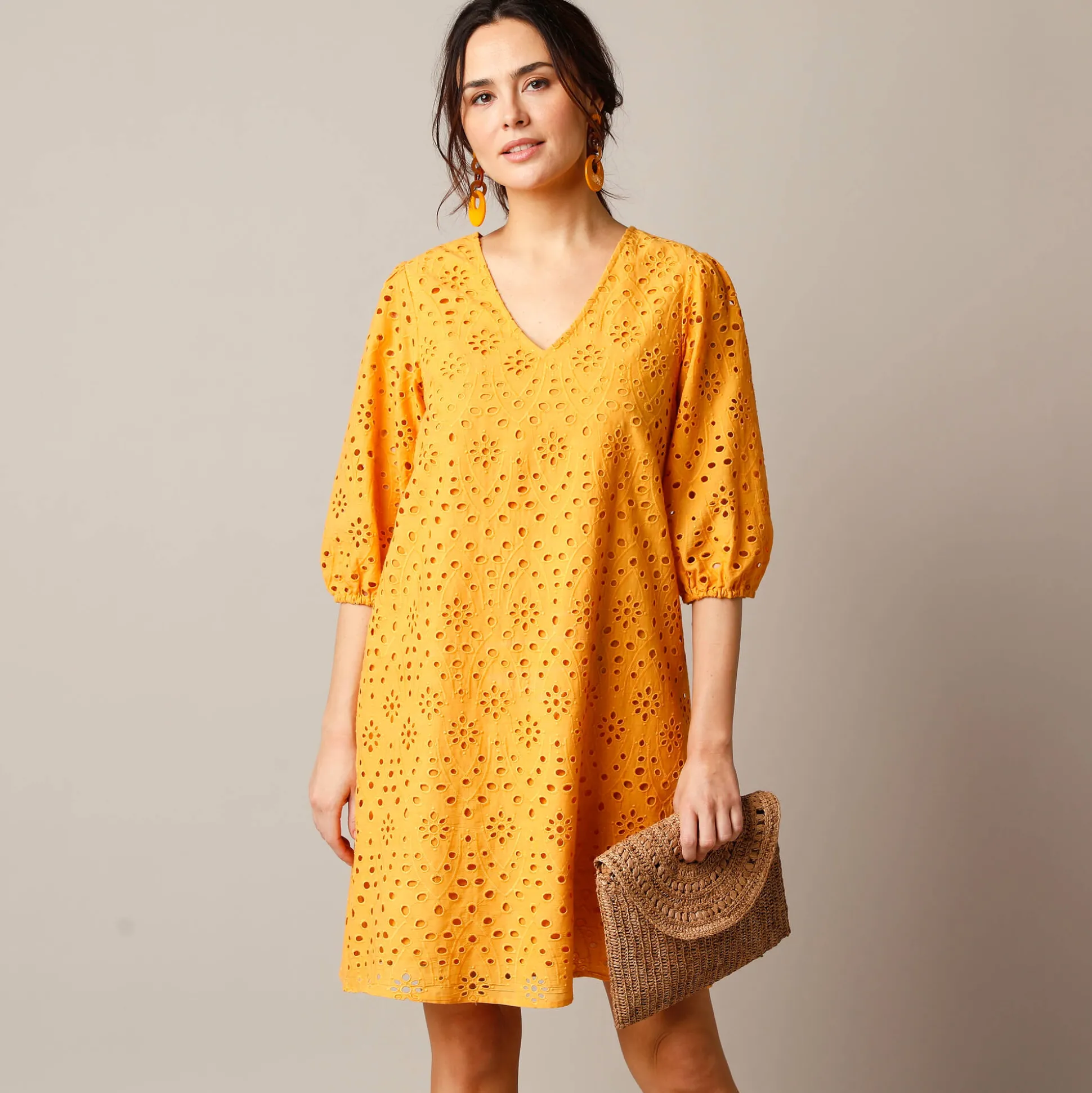 Jurk met broderie anglaise en 3/4-mouwen