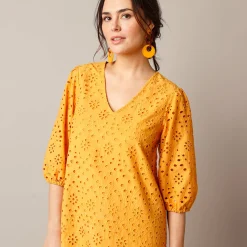 Jurk met broderie anglaise en 3/4-mouwen