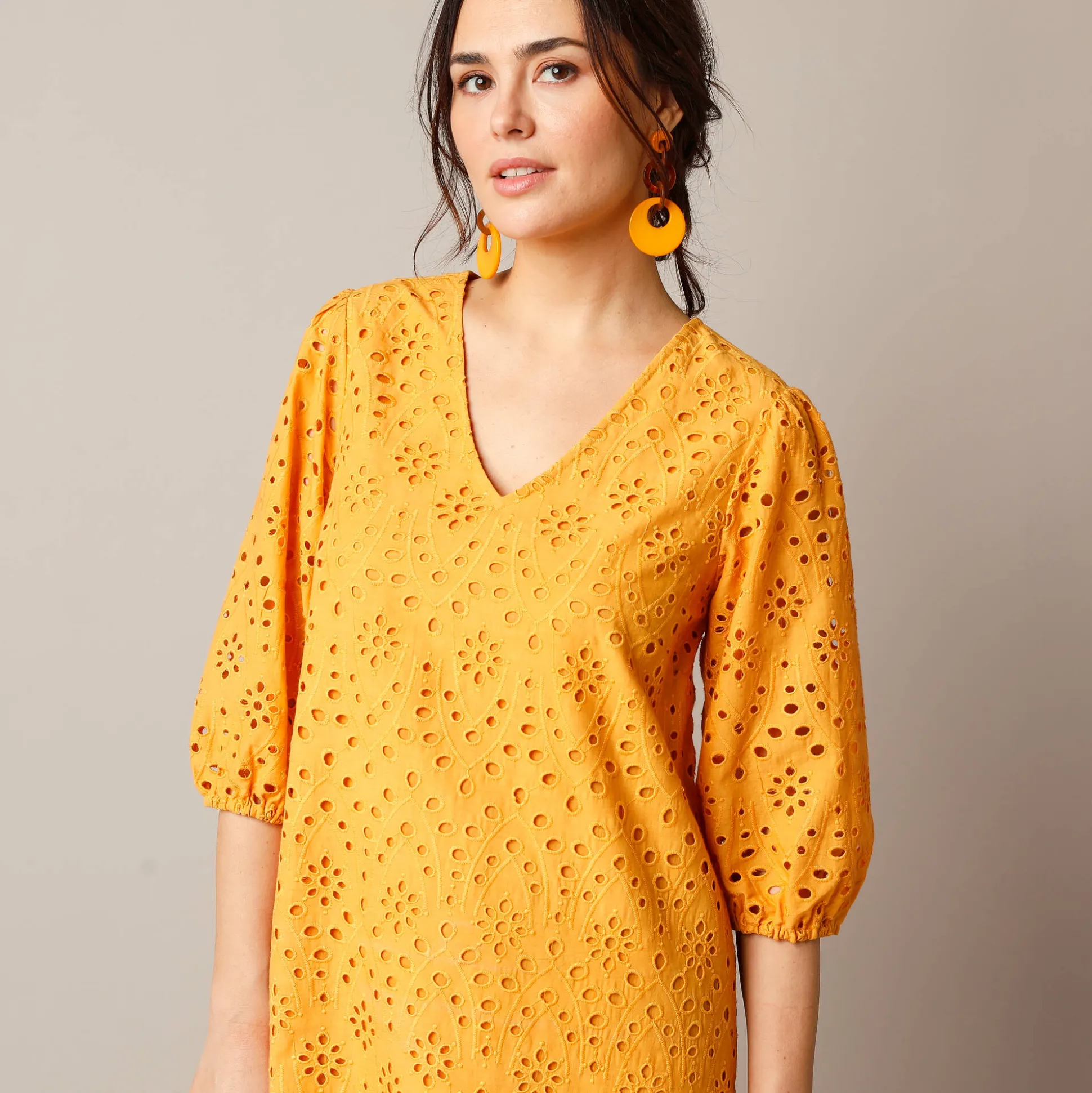 Jurk met broderie anglaise en 3/4-mouwen