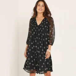 Jurk met plooien, voile met stippenprint