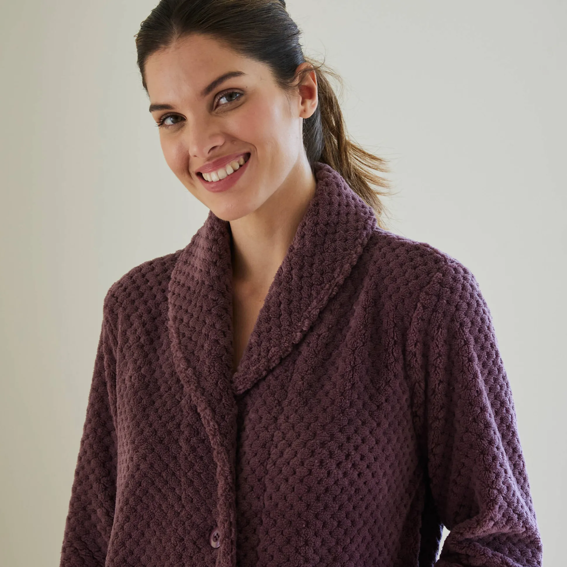 Kamerjas in fleecetricot met sjaalkraag - 120 cm lang