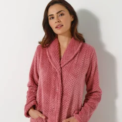 Kamerjas in fleecetricot met sjaalkraag - 95 cm lang