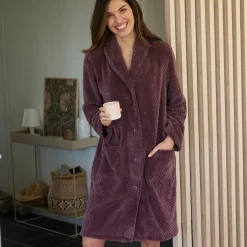 Kamerjas in fleecetricot met sjaalkraag - 95 cm lang