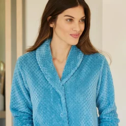 Kamerjas in fleecetricot met sjaalkraag - 95 cm lang