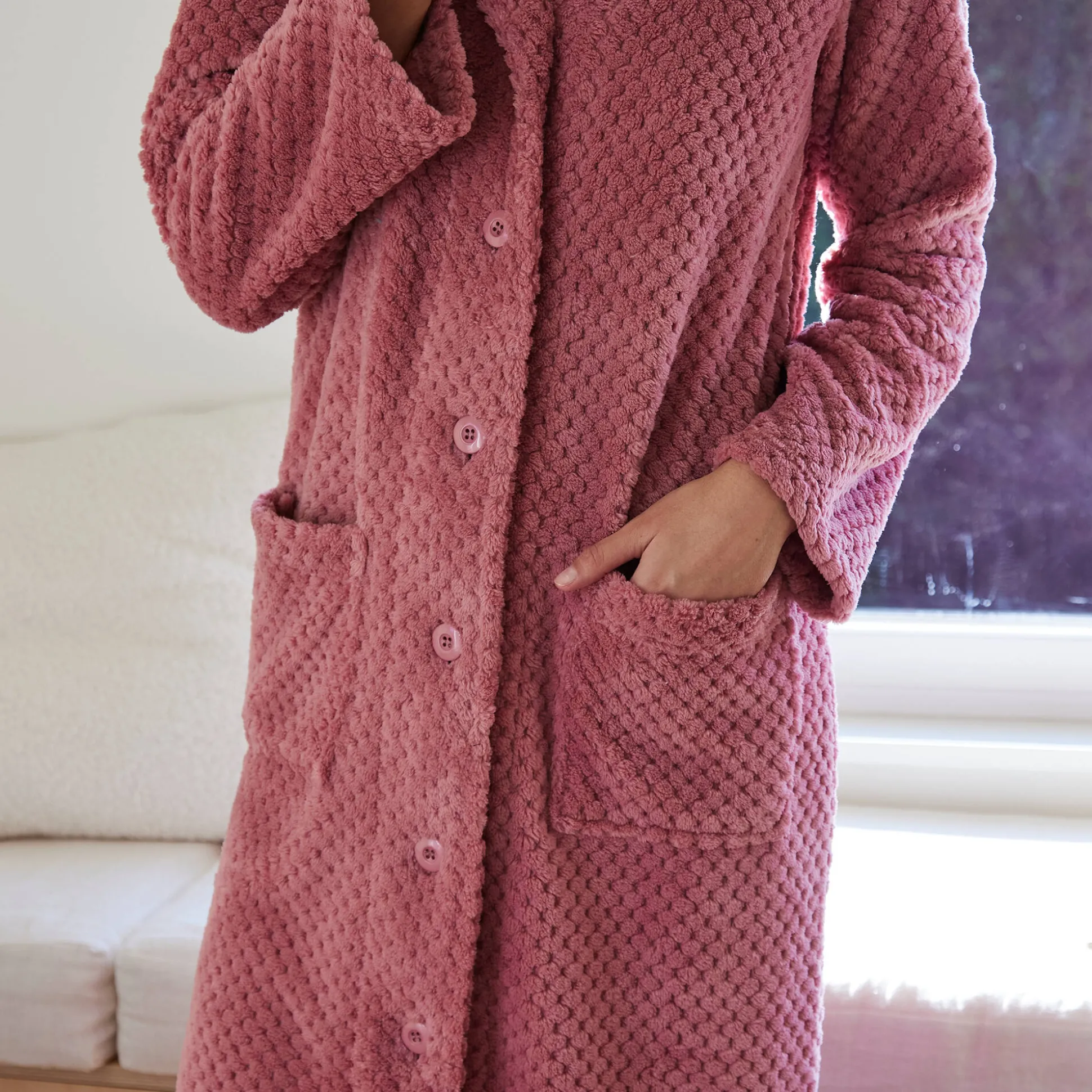 Kamerjas in fleecetricot met sjaalkraag - 120 cm lang