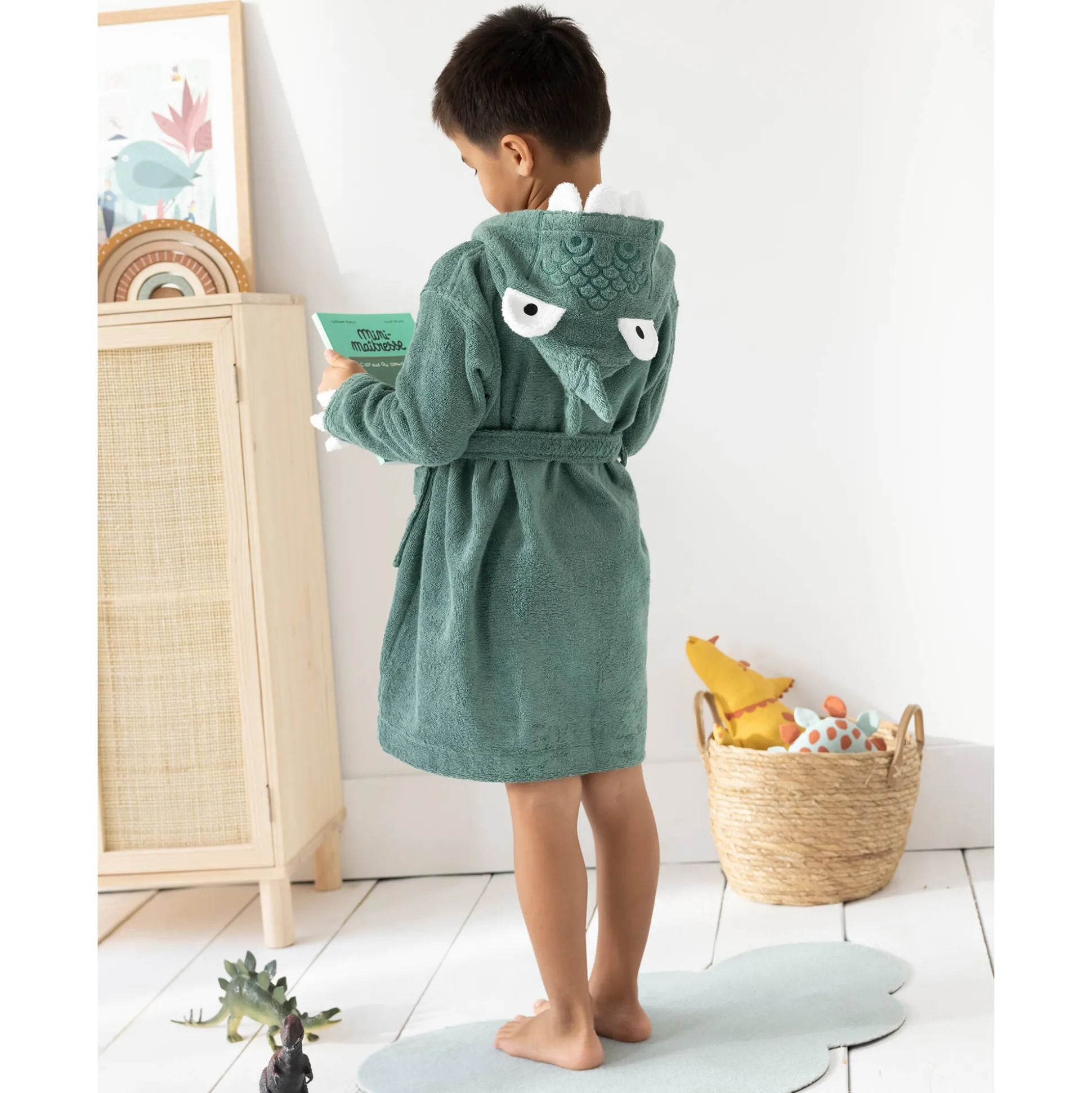 Kinderbadjas met dinosaurusmotief en kap, personaliseerbaar - 340 g/m²