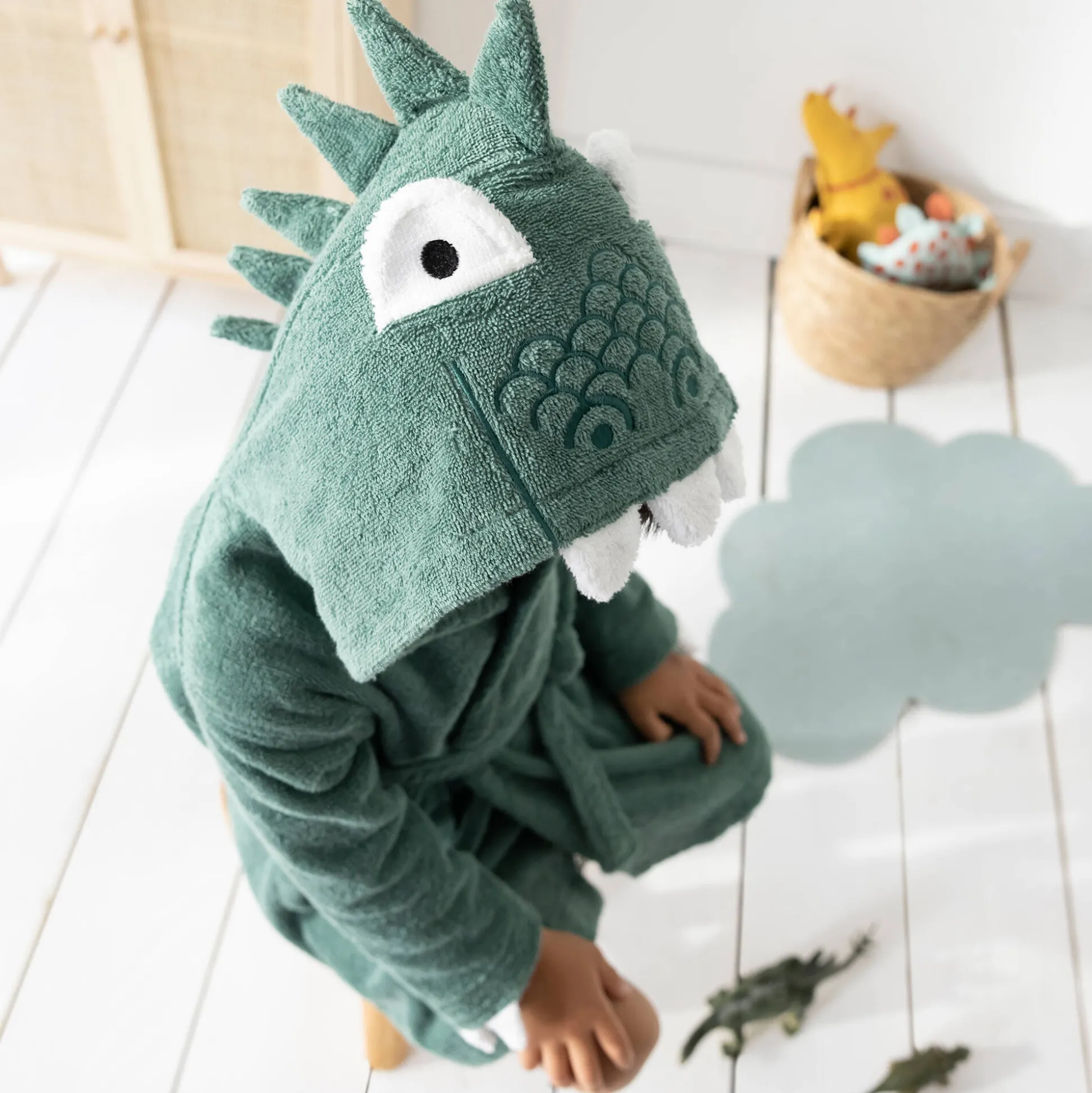 Kinderbadjas met dinosaurusmotief en kap, personaliseerbaar - 340 g/m²