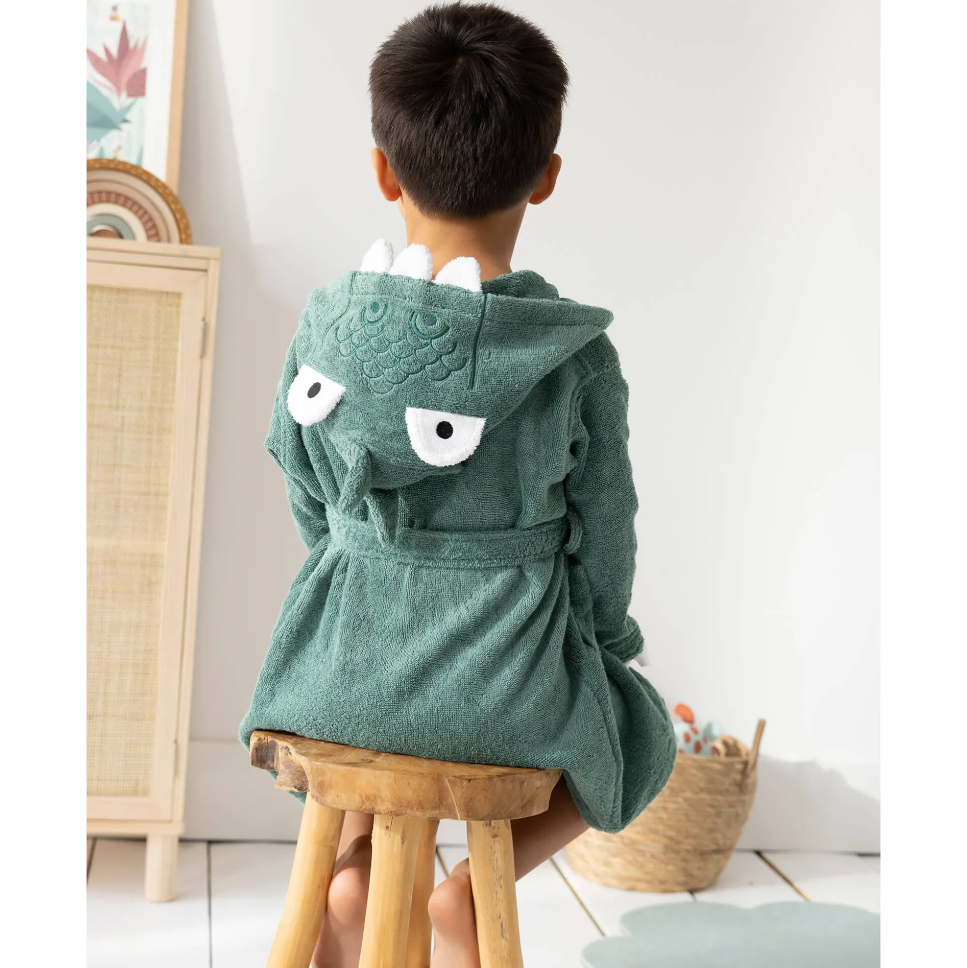 Kinderbadjas met dinosaurusmotief en kap, personaliseerbaar - 340 g/m²