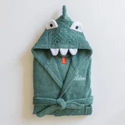 Kinderbadjas met dinosaurusmotief en kap, personaliseerbaar - 340 g/m²