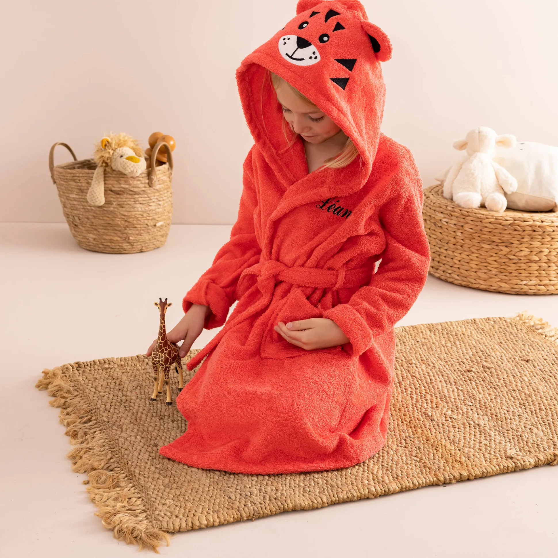 Kinderbadjas met tijgermotief en kap, personaliseerbaar