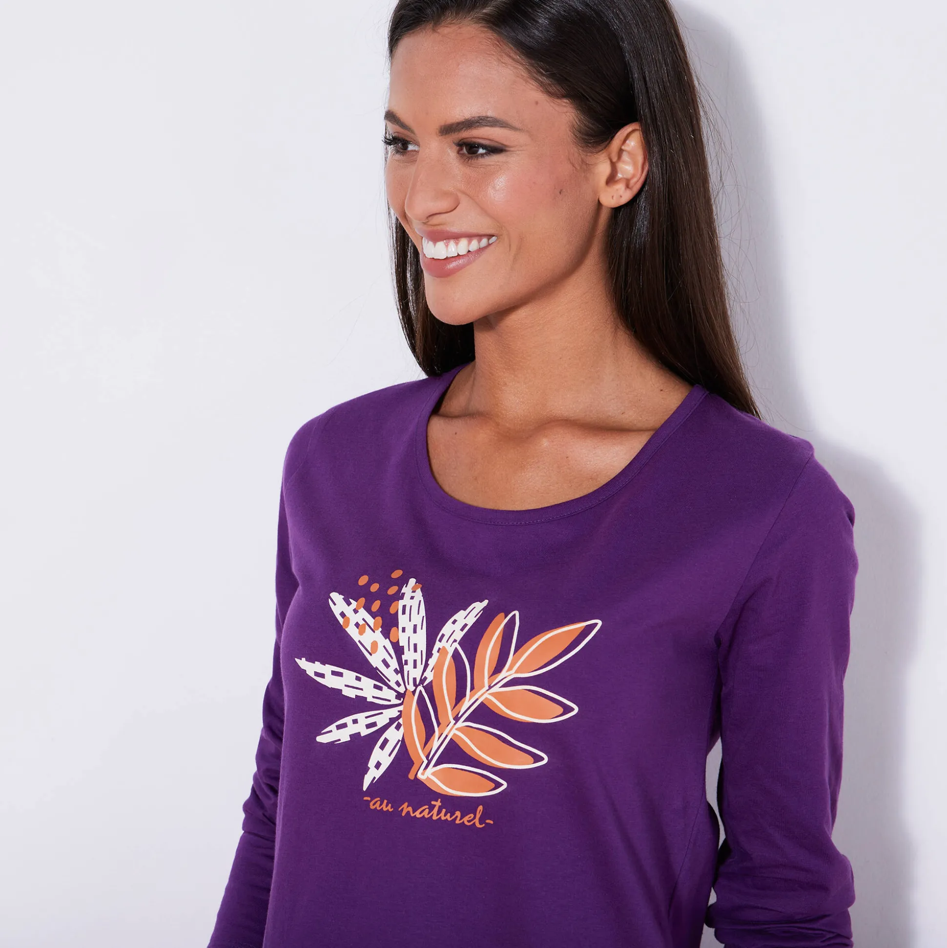 Kort nachthemd met lange mouwen en "naturel" print