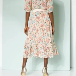 Korte fronsrok met stroken en bloemenprint, crepon