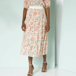 Korte fronsrok met stroken en bloemenprint, crepon