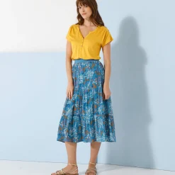 Korte fronsrok met stroken en bloemenprint, crepon
