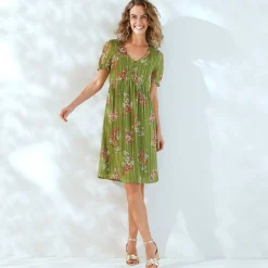 Korte jurk met bloemenprint, voile en glanzende draad