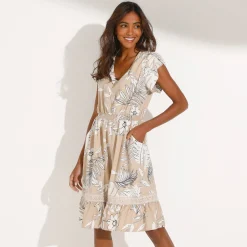 Korte jurk met macramé, tropische print, smokwerktaille