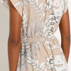 Korte jurk met macramé, tropische print, smokwerktaille