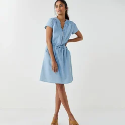 Korte jurk met ritskraag, licht denim