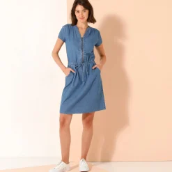 Korte jurk met ritskraag, licht denim