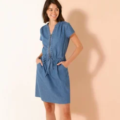 Korte jurk met ritskraag, licht denim