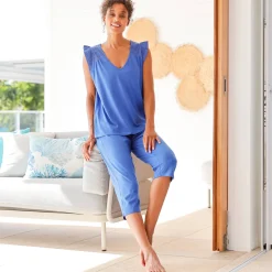Korte pyjama in jersey en broderie anglaise