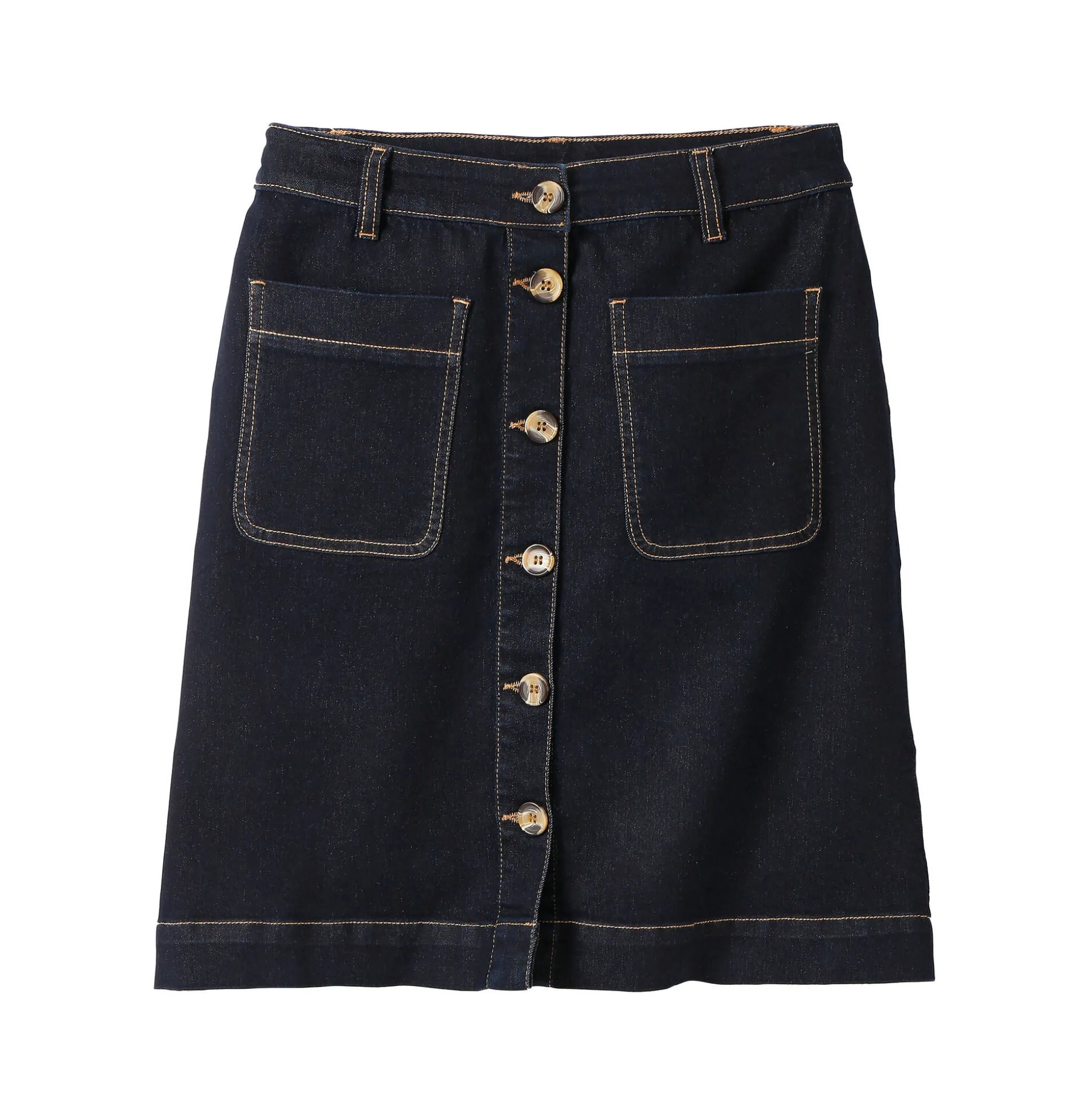 Korte, uitlopende jeansrok met knopen