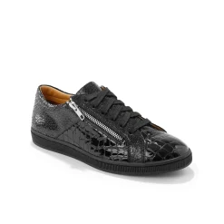 Lage sneakers in soepel leer met kroko-effect en rits