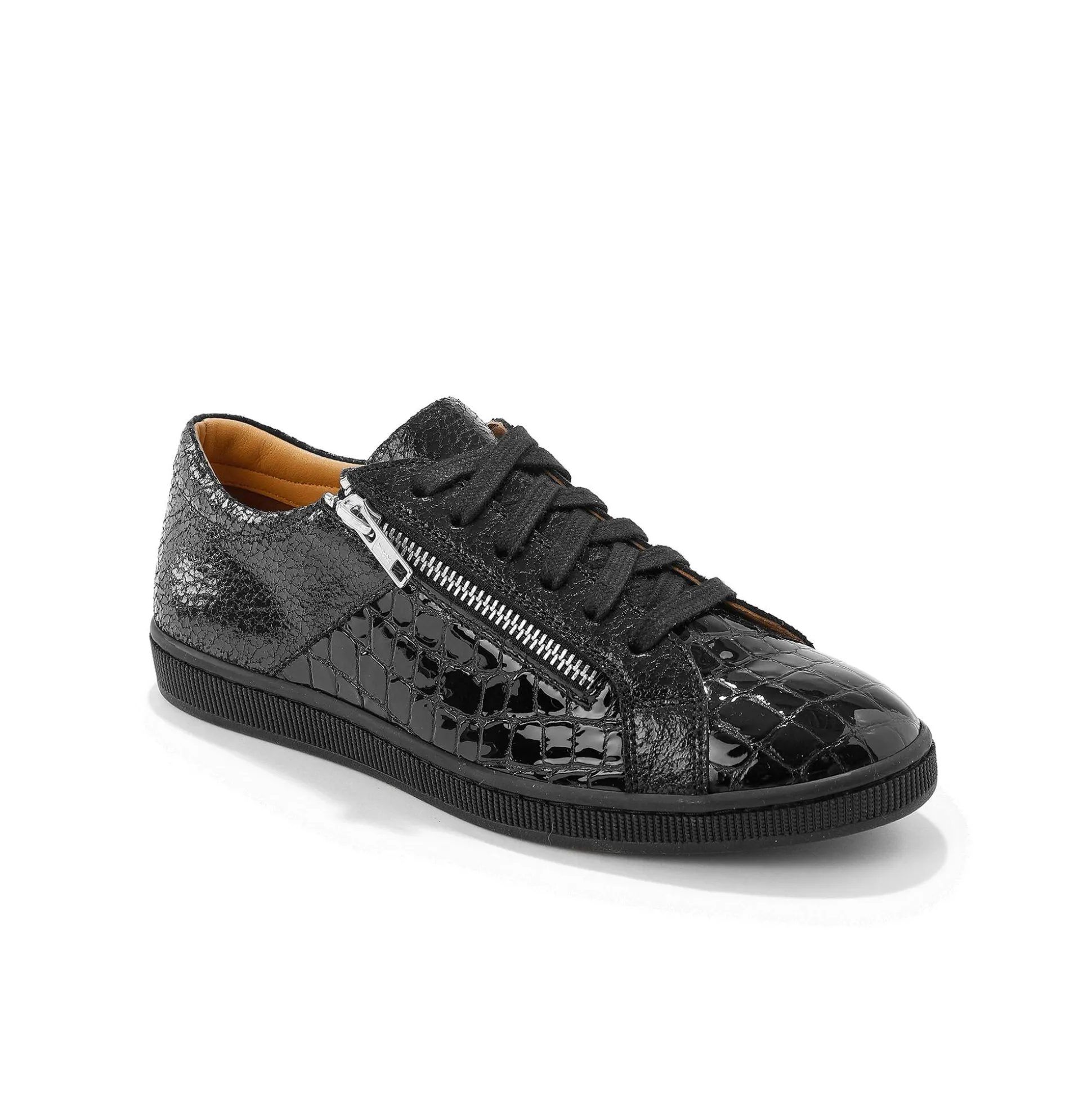 Lage sneakers in soepel leer met kroko-effect en rits