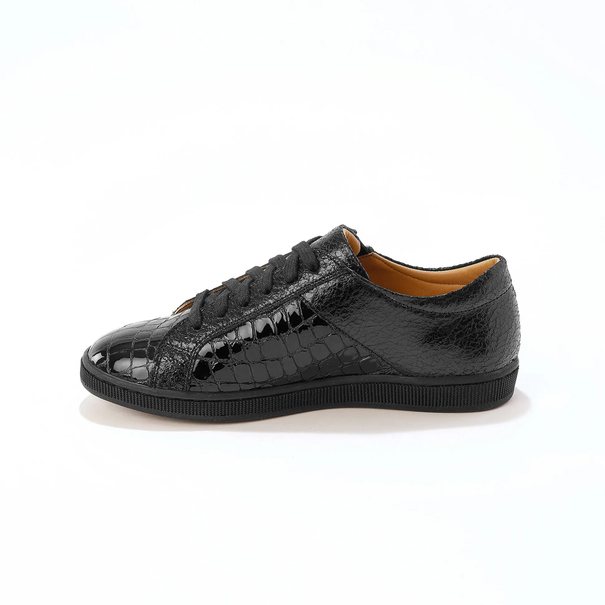 Lage sneakers in soepel leer met kroko-effect en rits