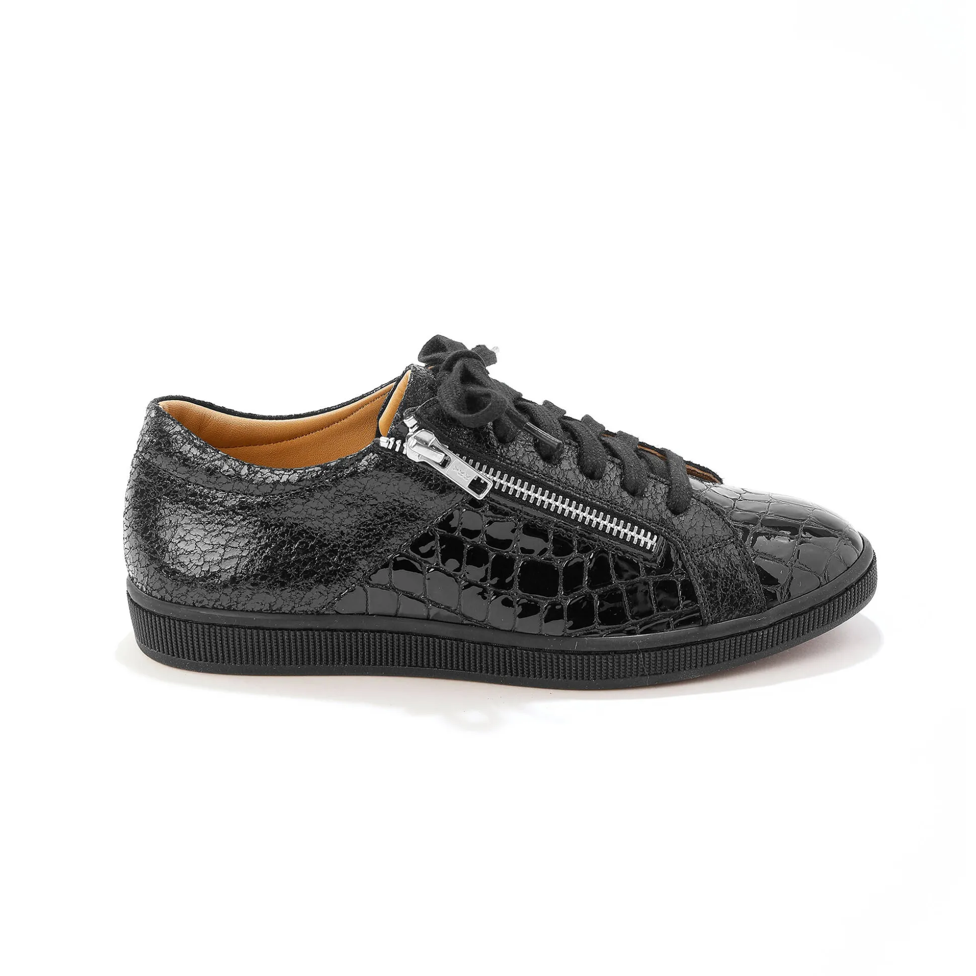 Lage sneakers in soepel leer met kroko-effect en rits