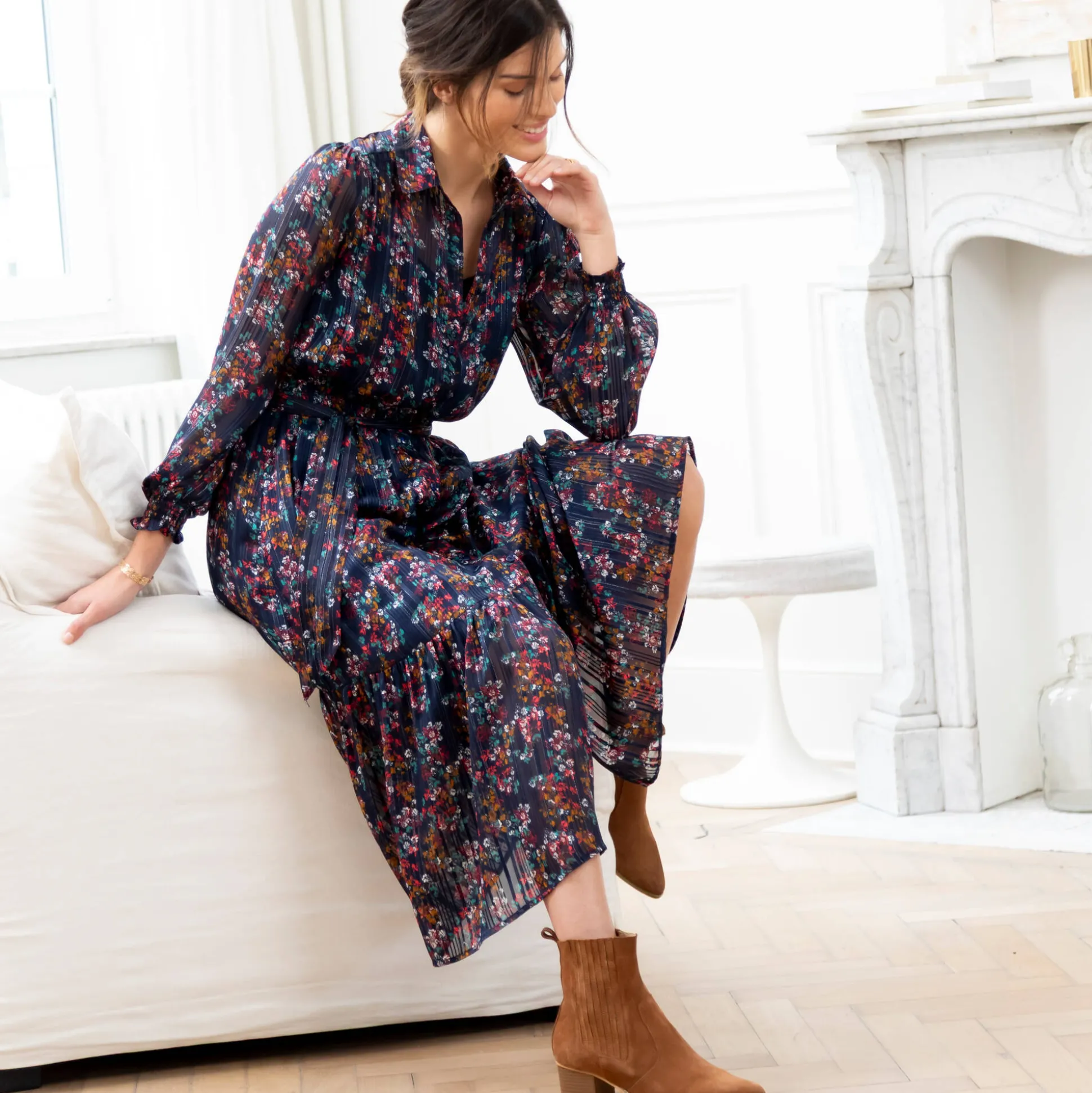 Lange hemdjurk in jacquardvoile met bloemenprint