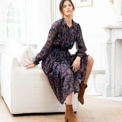 Lange hemdjurk in jacquardvoile met bloemenprint