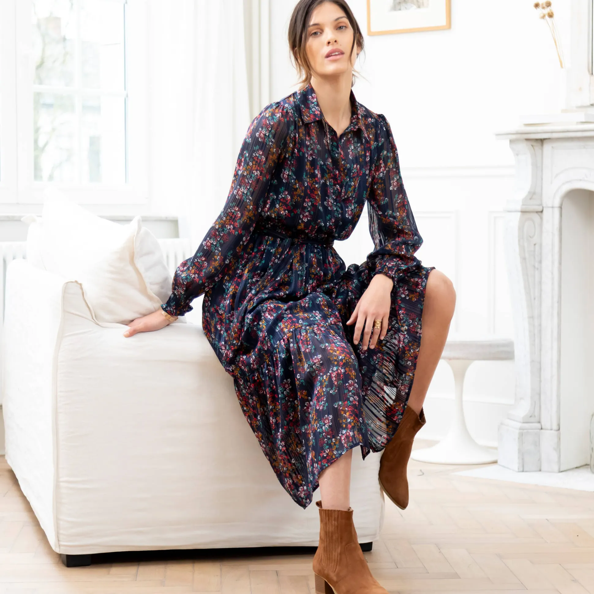 Lange hemdjurk in jacquardvoile met bloemenprint