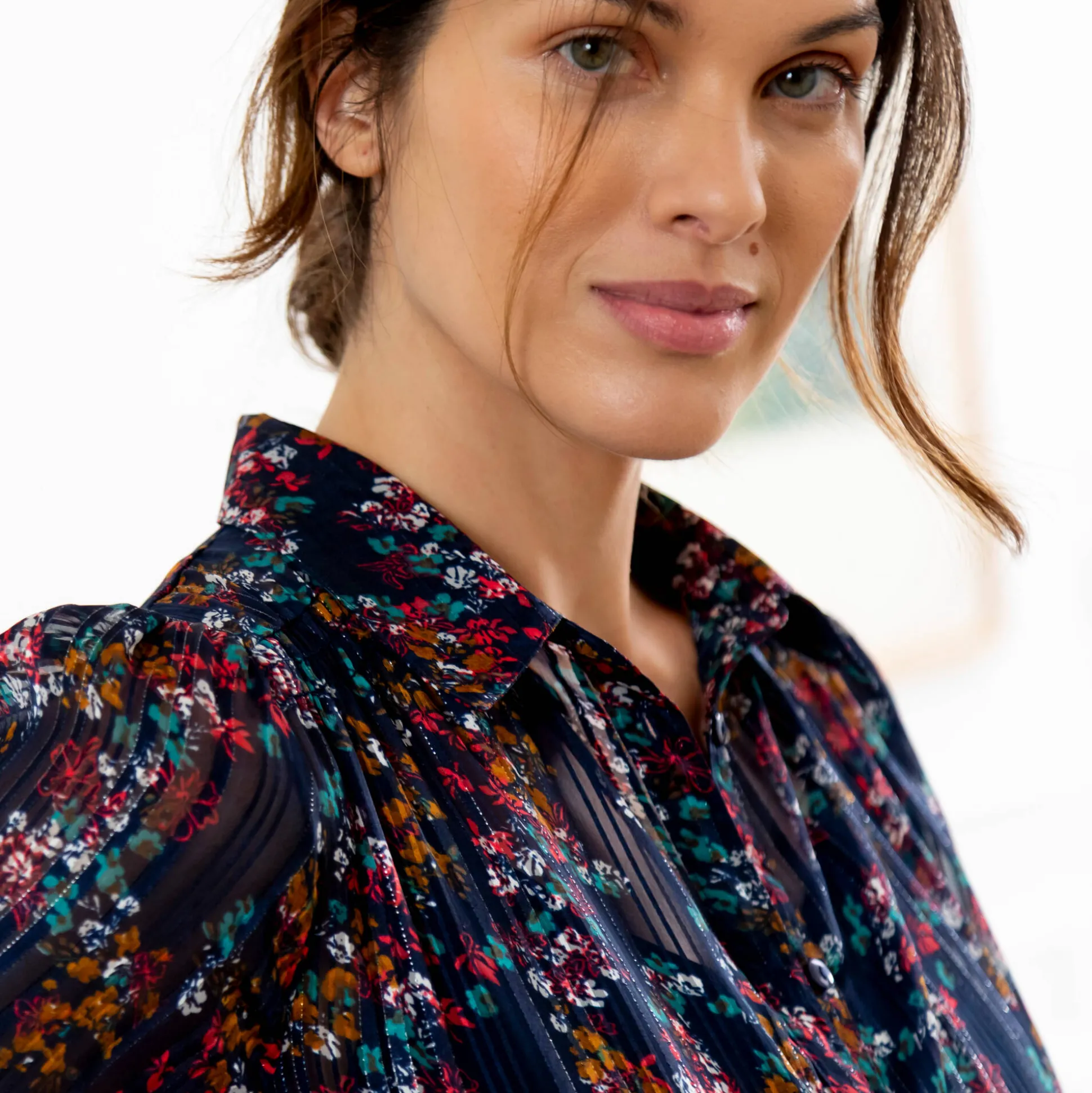 Lange hemdjurk in jacquardvoile met bloemenprint