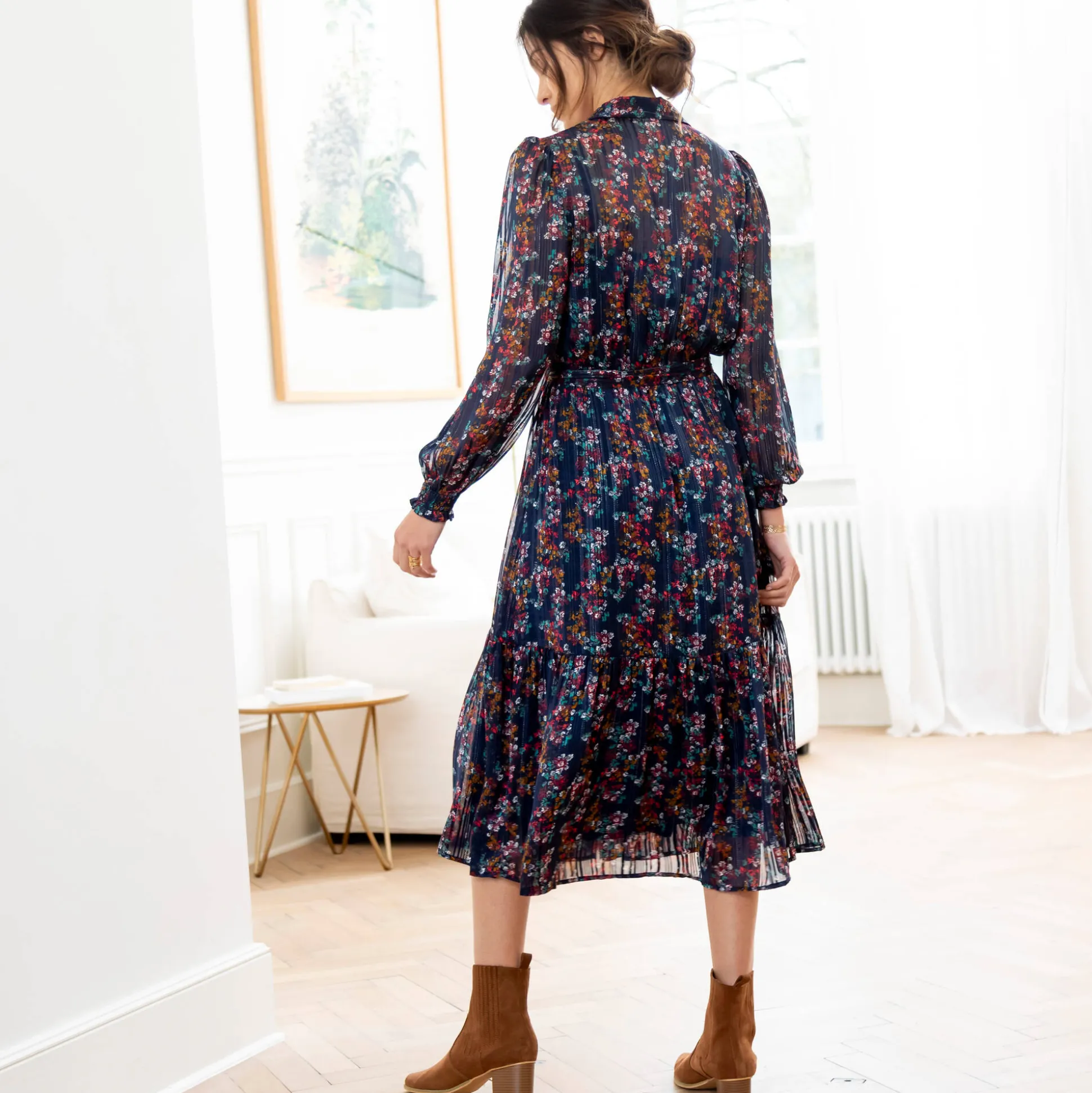Lange hemdjurk in jacquardvoile met bloemenprint