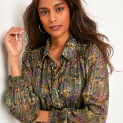 Lange hemdjurk in jacquardvoile met bloemenprint