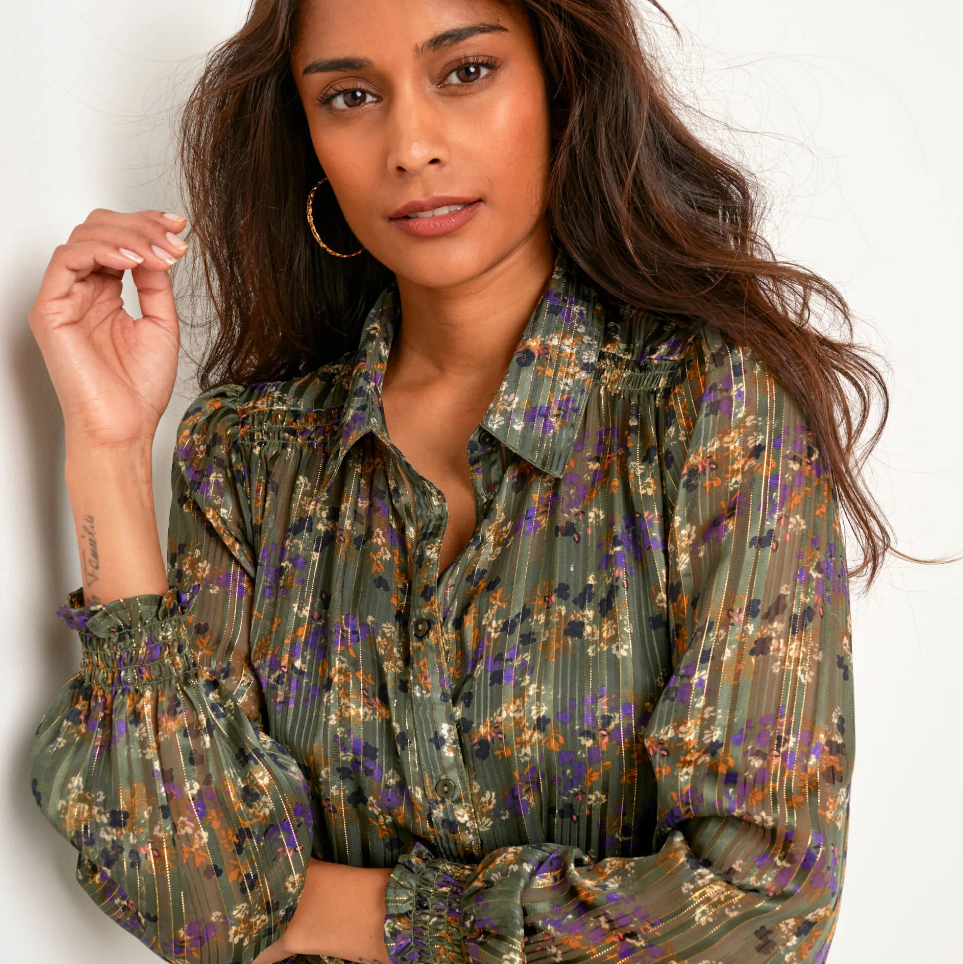 Lange hemdjurk in jacquardvoile met bloemenprint