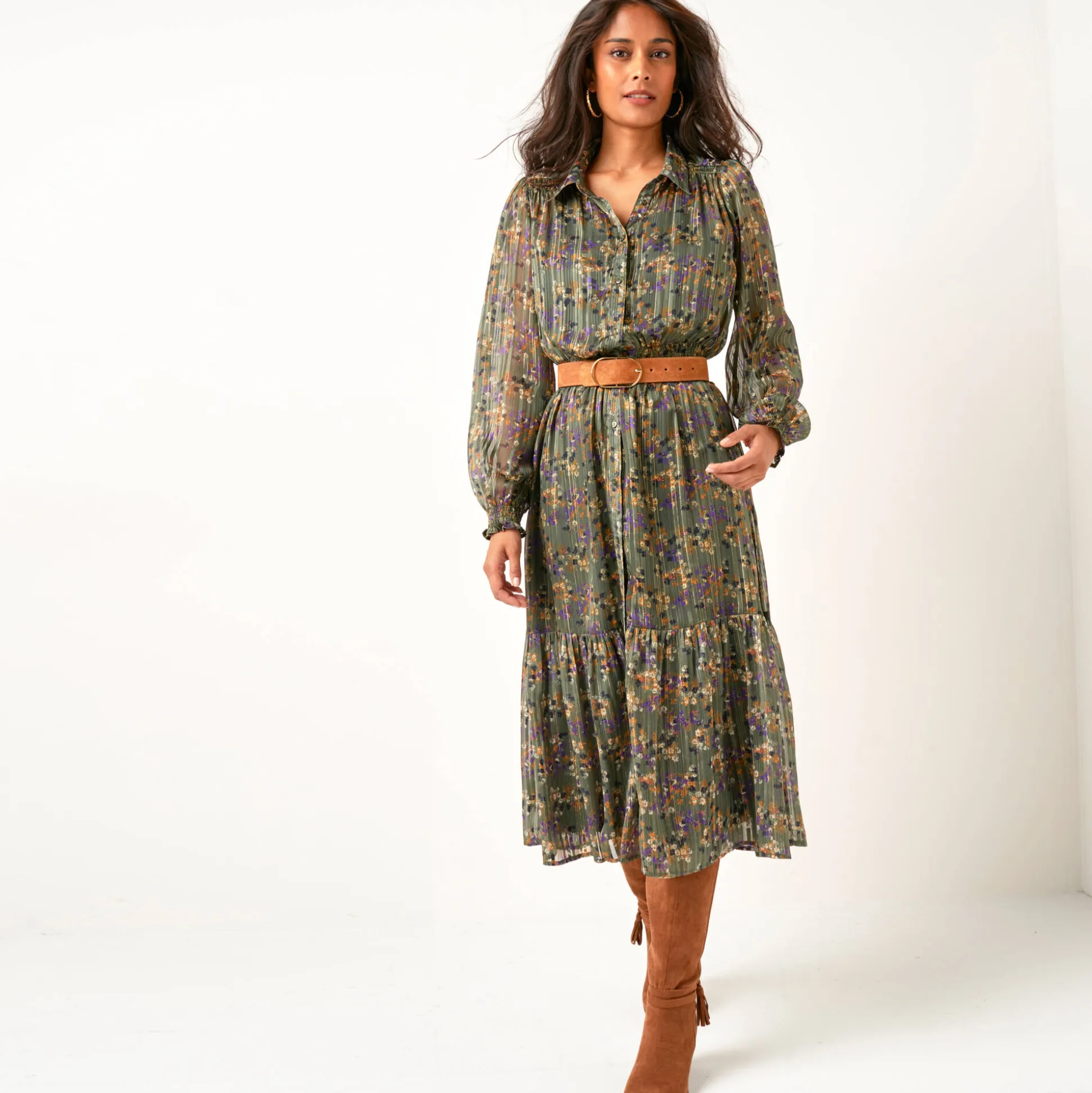 Lange hemdjurk in jacquardvoile met bloemenprint