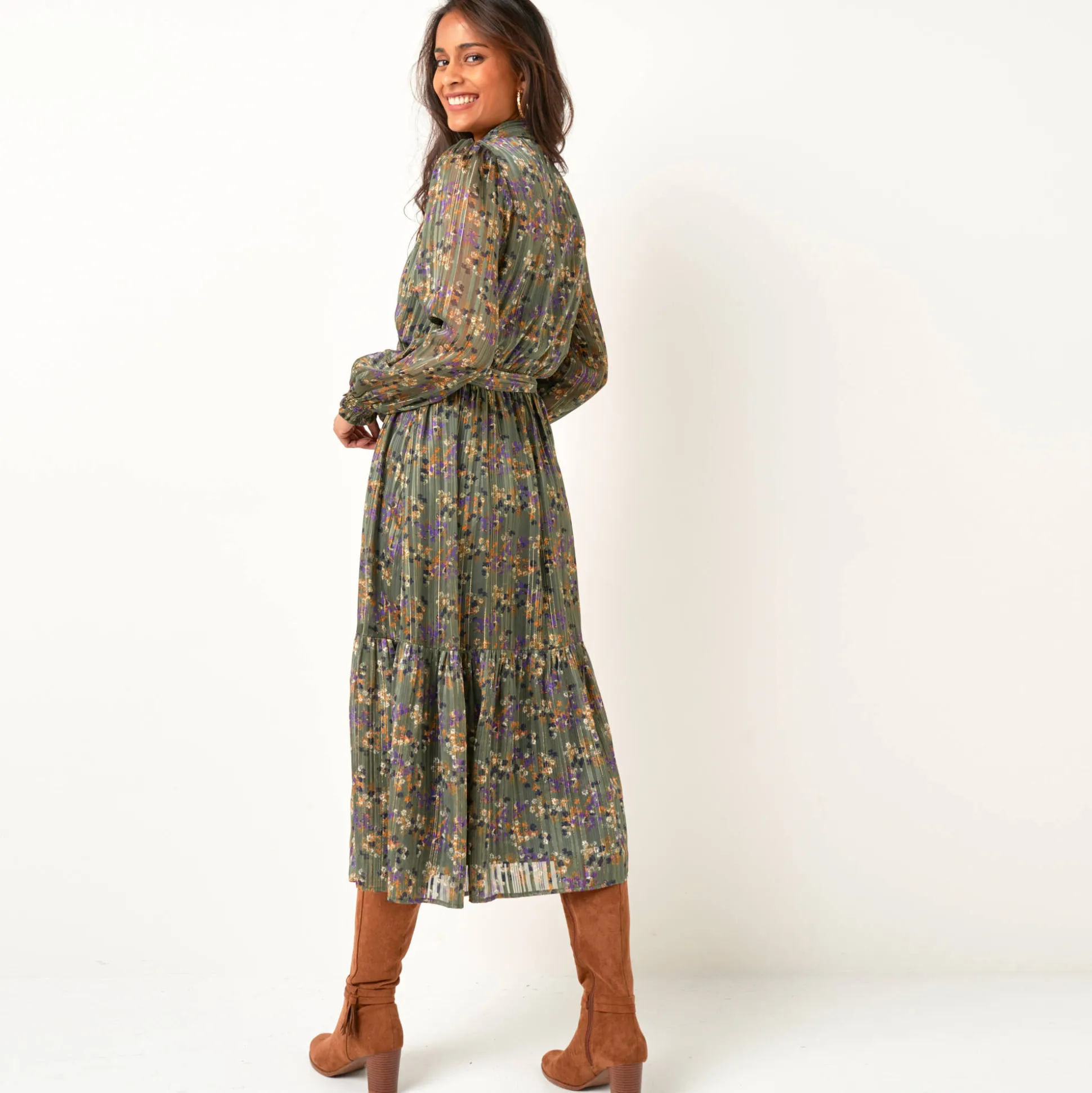 Lange hemdjurk in jacquardvoile met bloemenprint
