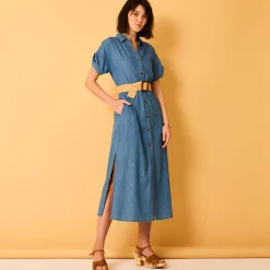 Lange hemdjurk in jeans, korte mouwen