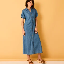 Lange hemdjurk in jeans, korte mouwen