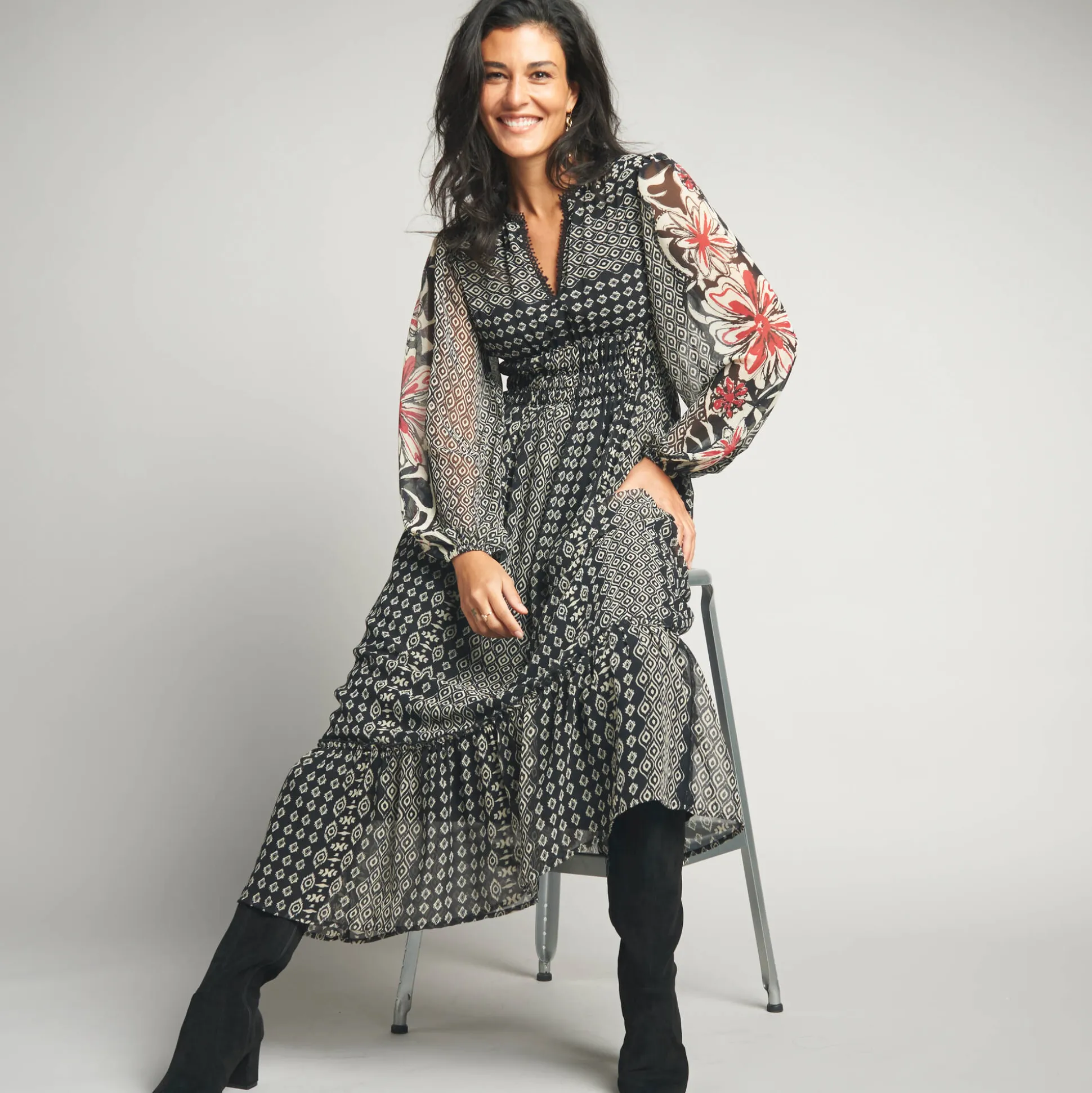 Lange jurk in voile, etnische print