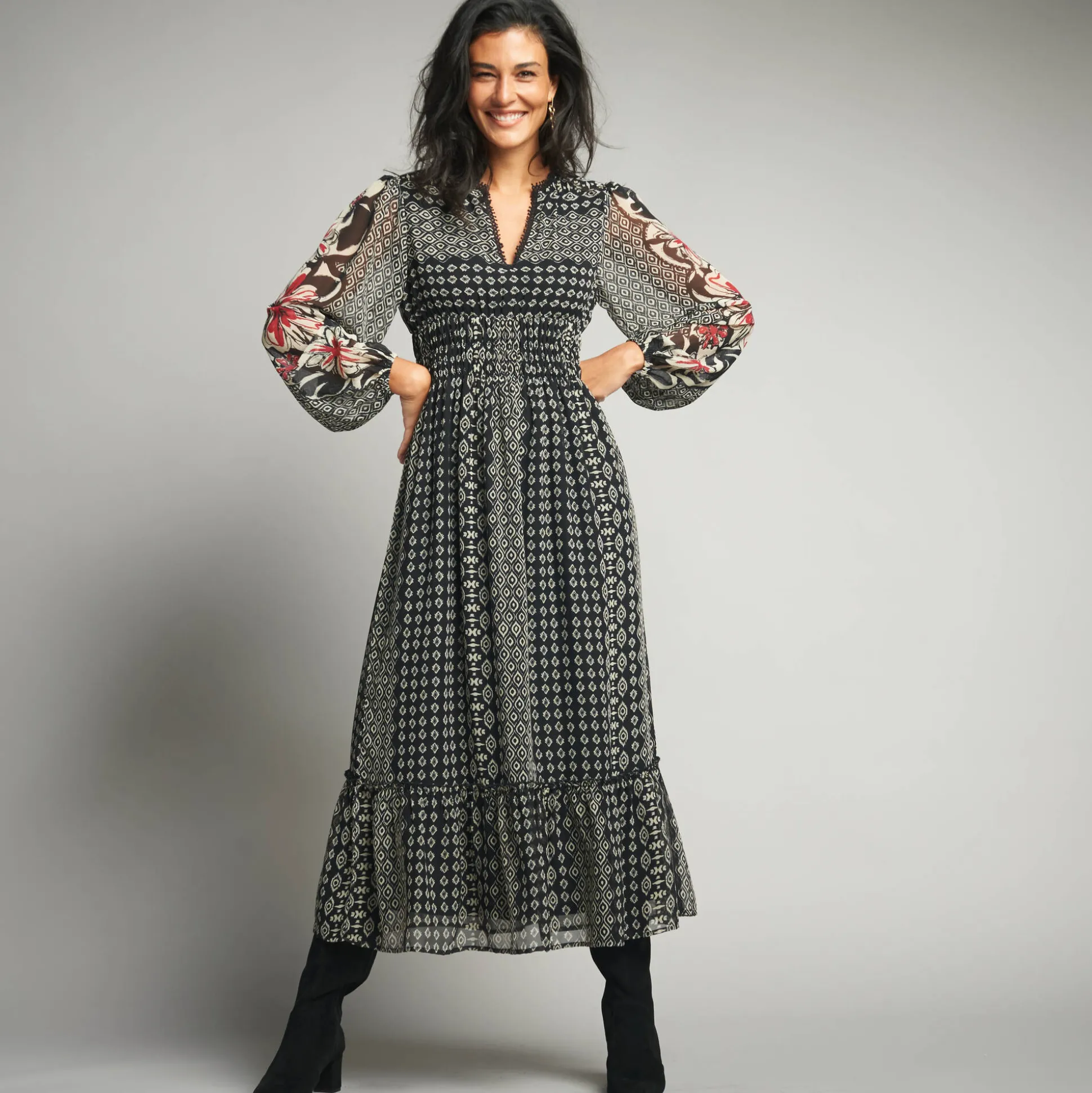 Lange jurk in voile, etnische print