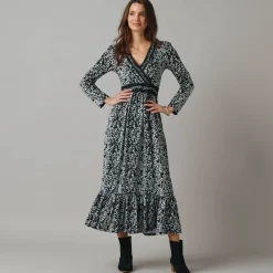 Lange jurk in wikkelstijl, bedrukt tricot
