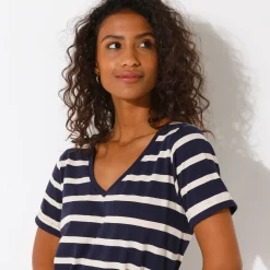 Lange jurk met ceintuur en V-hals, gestreept tricot