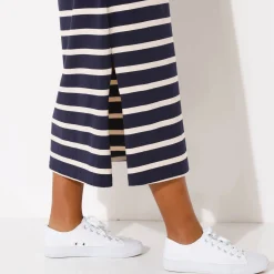 Lange jurk met ceintuur en V-hals, gestreept tricot